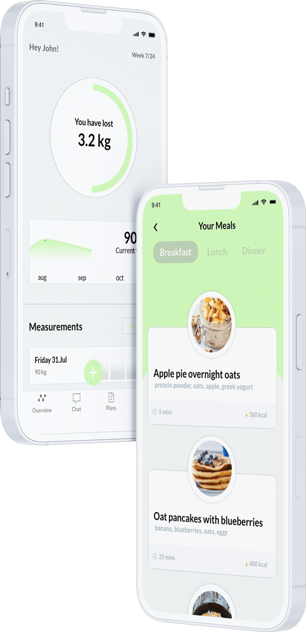 iPhones showing nutrition planning and a tracking feature.